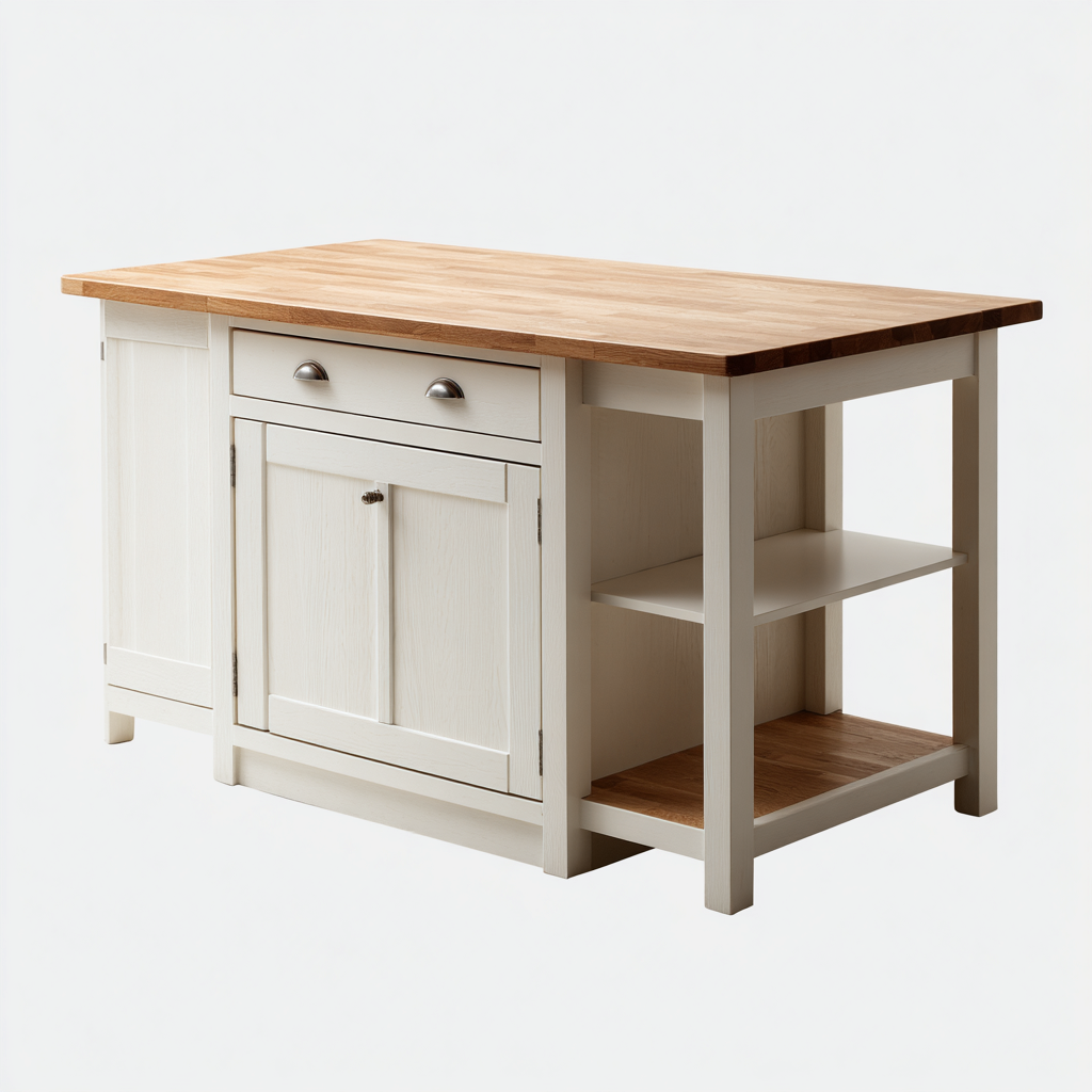 Isola Da Cucina In Legno Con Piano In Legno Massello 124x63x90 Cm - Bianco E Legno - Con Cassetto Armadietto E Ripiani Laterali Per Cucina-Airyene