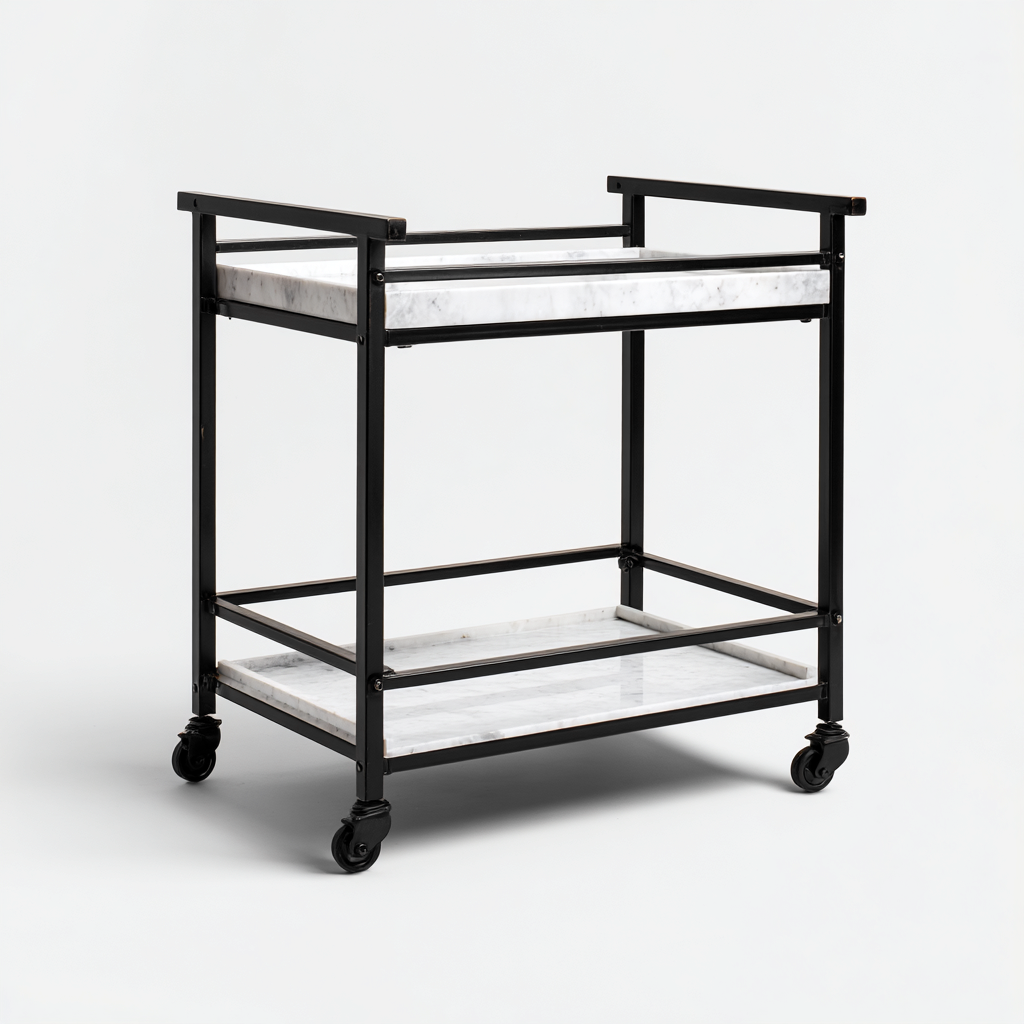 Carrello Da Cucina Metallo-Marmo 62x40x82 Cm - Nero-Bianco - Con Ripiani Aperti - Adatto Alla Cucina - Design Moderno-Airyene