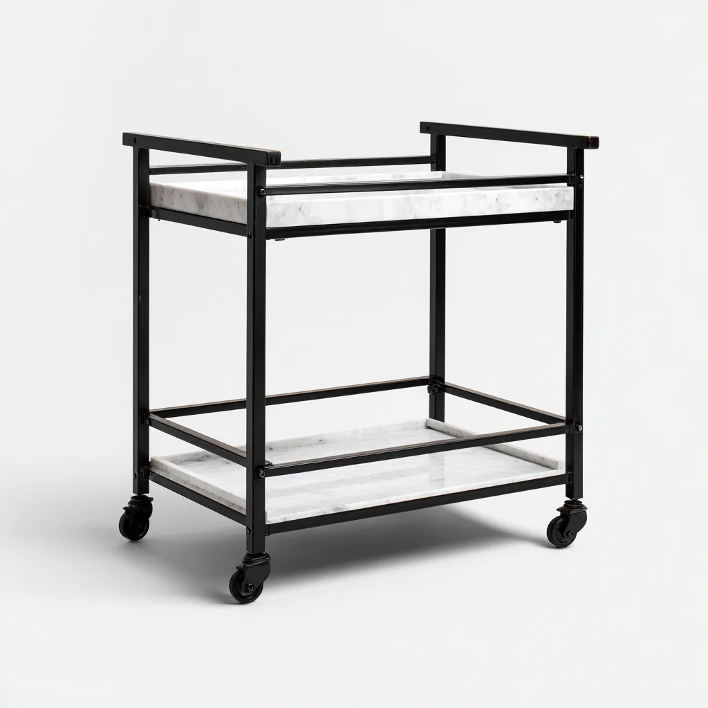 Carrello Da Cucina Metallo-Marmo 62x40x82 Cm - Nero-Bianco - Con Ripiani Aperti - Adatto Alla Cucina - Design Moderno-Airyene