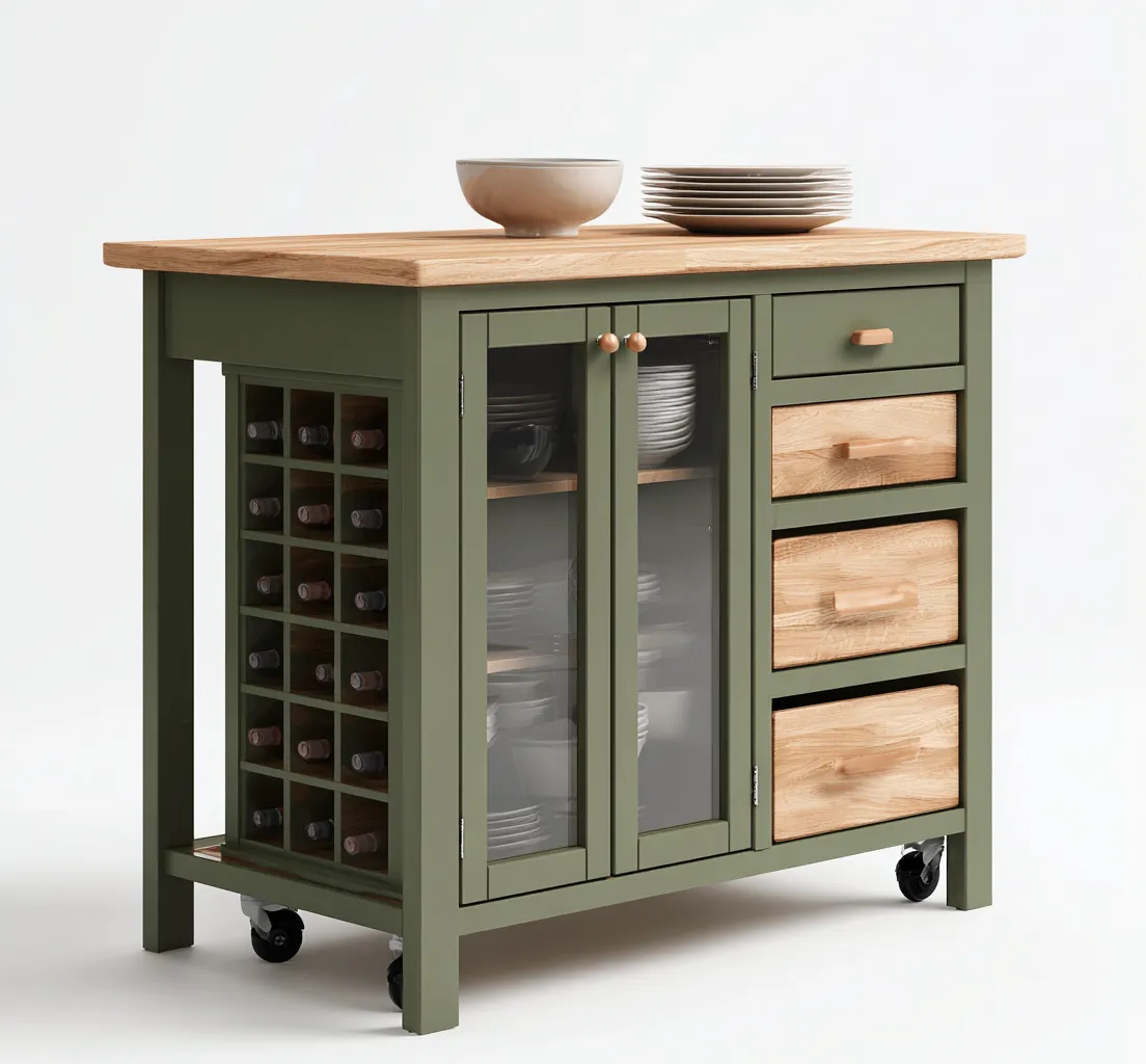 Isola Da Cucina In Legno 130x55x95 Cm - Verde - Con Portabottiglie Cassetti E Ante In Vetro - Design Moderno-Airyene