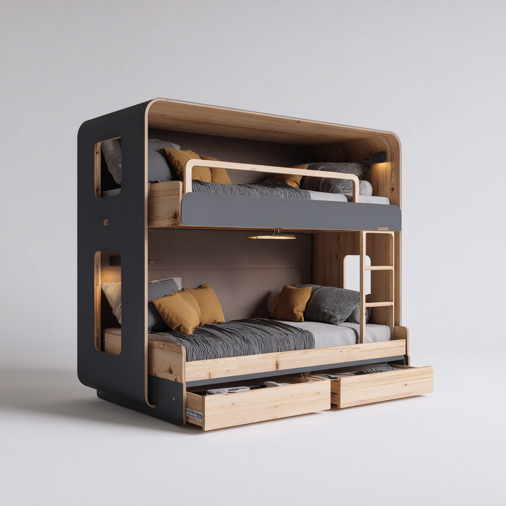 Letto A Castello Legno Naturale 215X110X185 Cm - Legno Chiaro-Grigio - Con Scala, Barriere Di Sicurezza E Cassetti Contenitore - Adatto Alla Camera Da Letto - Design Moderno-Airyene