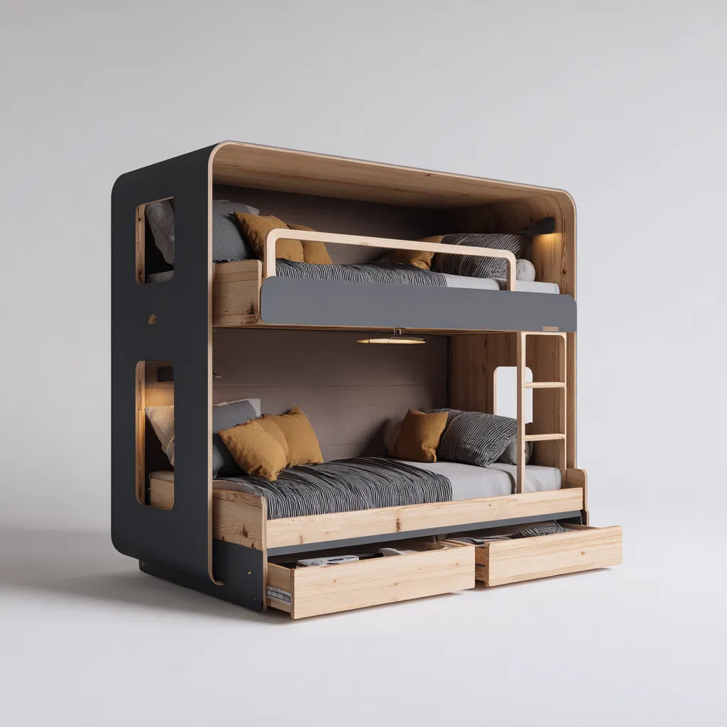 Letto A Castello Legno Naturale 215X110X185 Cm - Legno Chiaro-Grigio - Con Scala, Barriere Di Sicurezza E Cassetti Contenitore - Adatto Alla Camera Da Letto - Design Moderno-Airyene