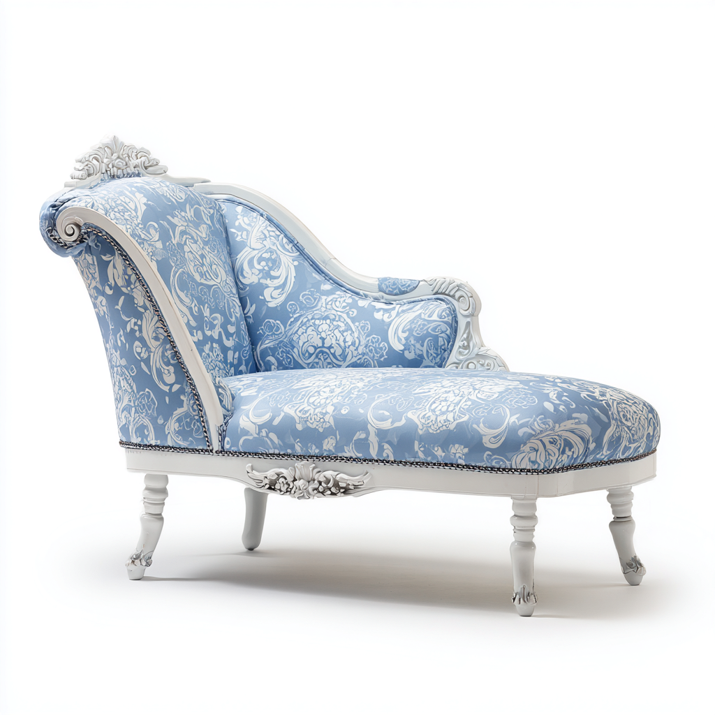 Chaise Longue In Tessuto Damascato E Legno 174x80x94 Cm Azzurro Chiaro-Bianco Per Soggiorno Stile Classico-Airyene