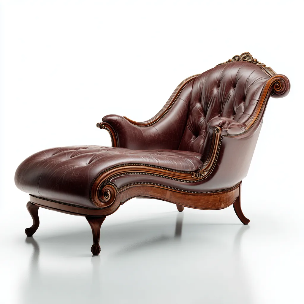 Chaise Longue In Pelle Vera E Legno 178x83x96 Cm Marrone Per Soggiorno Stile Classico-Airyene