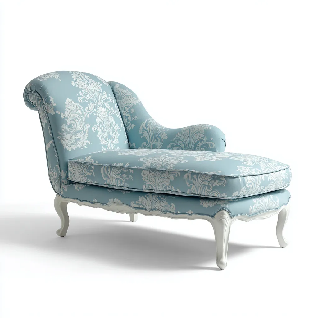 Chaise Longue In Tessuto Damascato E Legno 170x78x92 Cm Azzurro Chiaro-Bianco Per Soggiorno Stile Classico-Airyene