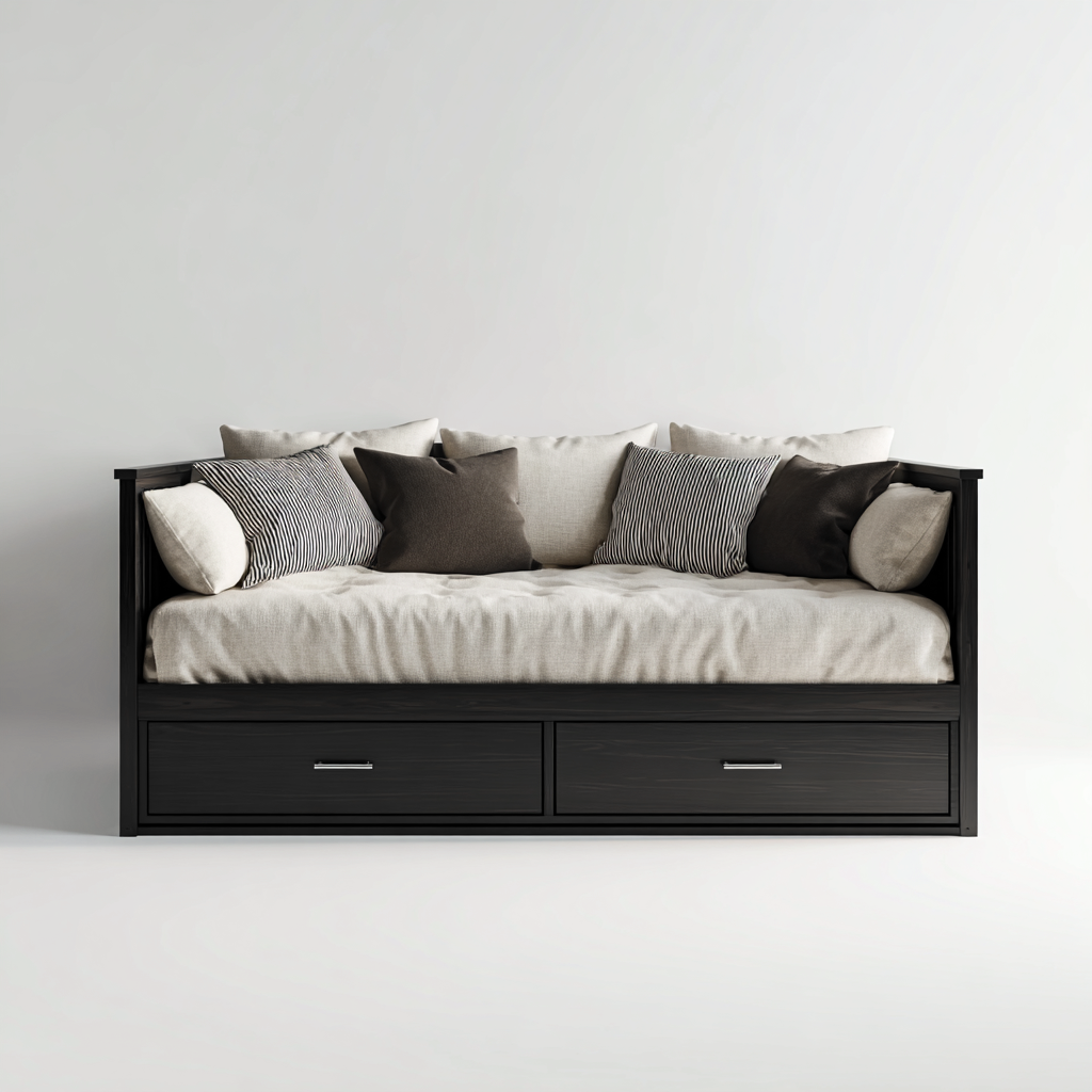 Divano Letto Legno Massello 210X95X100 Cm - Nero - Con Cassetti Contenitore - Adatto Alla Camera Da Letto - Design Moderno-Airyene