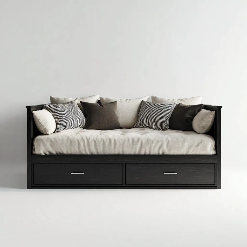 Divano Letto Legno Massello 210X95X100 Cm - Nero - Con Cassetti Contenitore - Adatto Alla Camera Da Letto - Design Moderno-Airyene