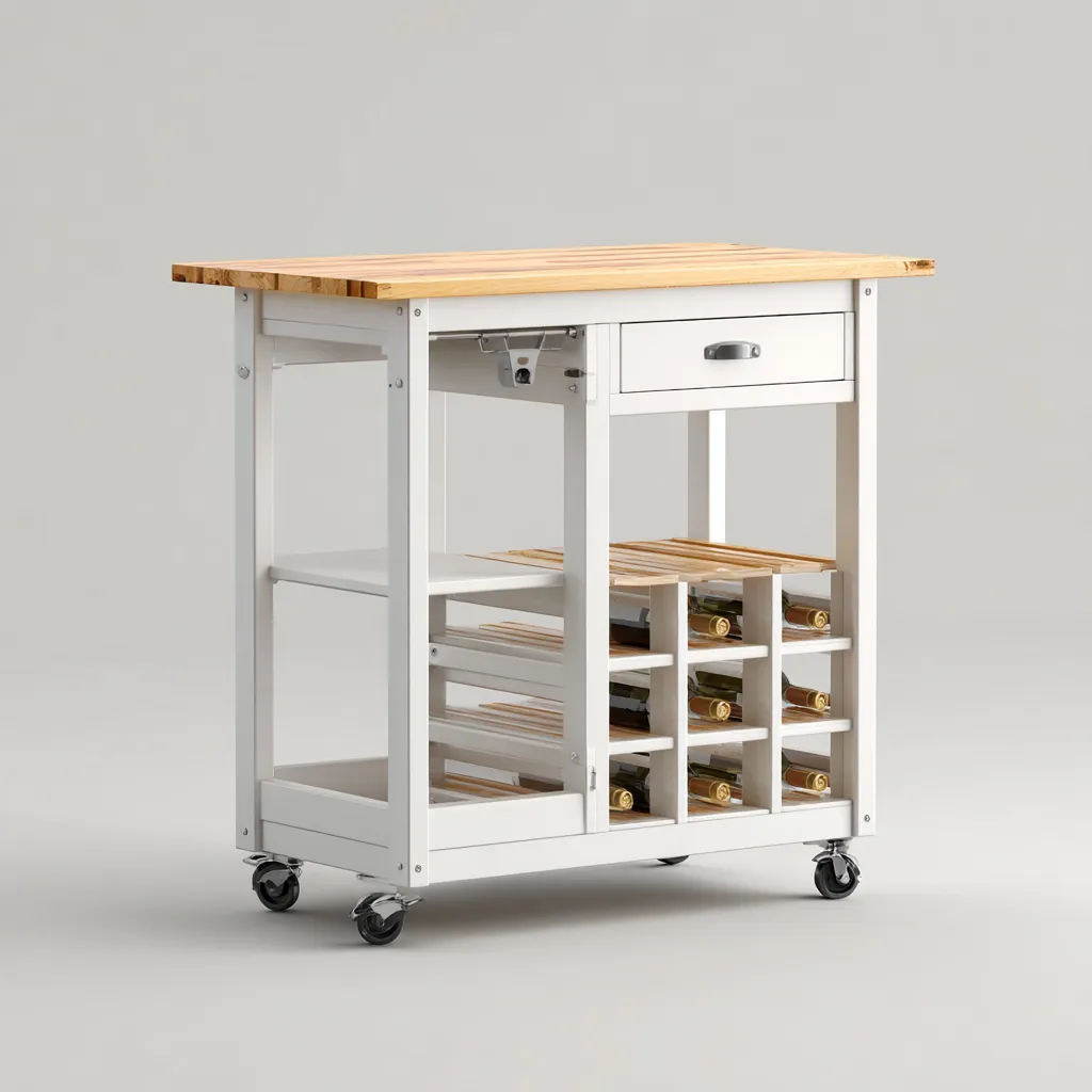 Isola Da Cucina In Legno 90x48x92 Cm - Bianco - Con Cassetto E Portabottiglie - Design Moderno-Airyene