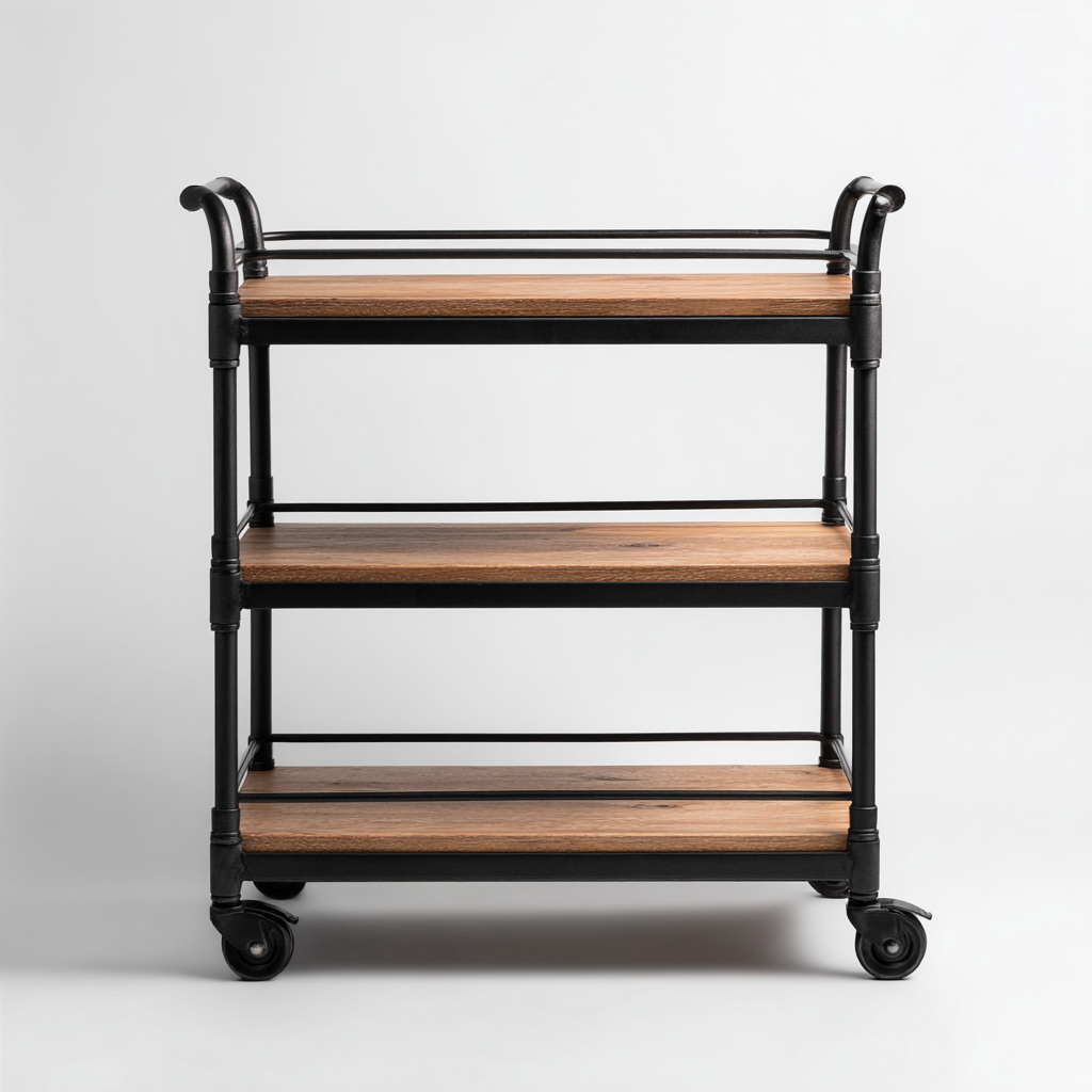 Carrello Da Cucina Metallo-Legno 60X40X90 Cm - Nero-Legno Naturale - Con Superfici D'Appoggio E Vano Aperto - Adatto Alla Cucina - Design Moderno-Airyene