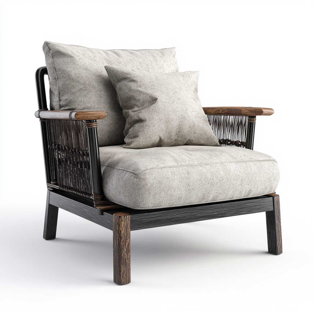 Poltrona Da Giardino - Corda-Tessuto-Legno - 85X78X82 Cm - Grigio-Nero-Legno Scuro - Design Moderno - Per Esterno-Airyene