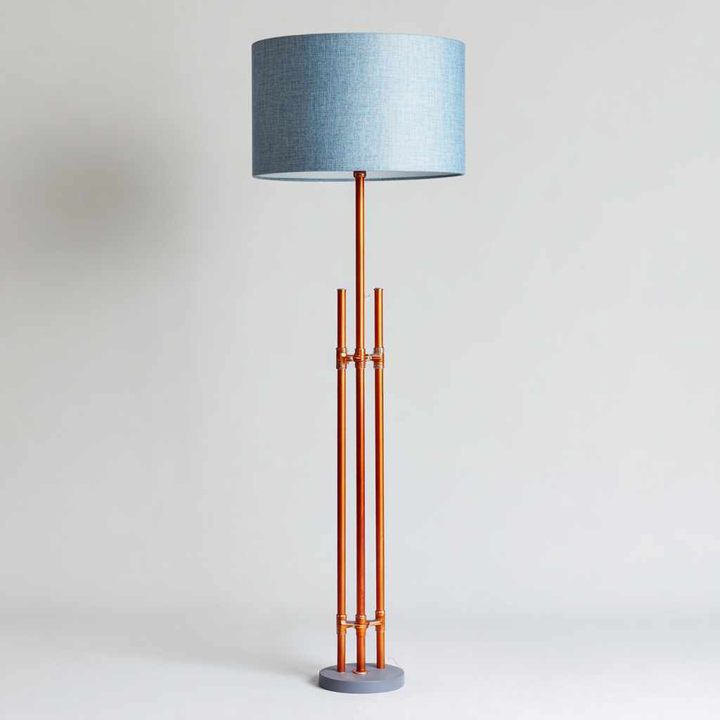 Lampada Da Terra In Metallo 45x45x165 Cm Azzurro-Rame-Grigio Per Soggiorno Stile Moderno-Airyene