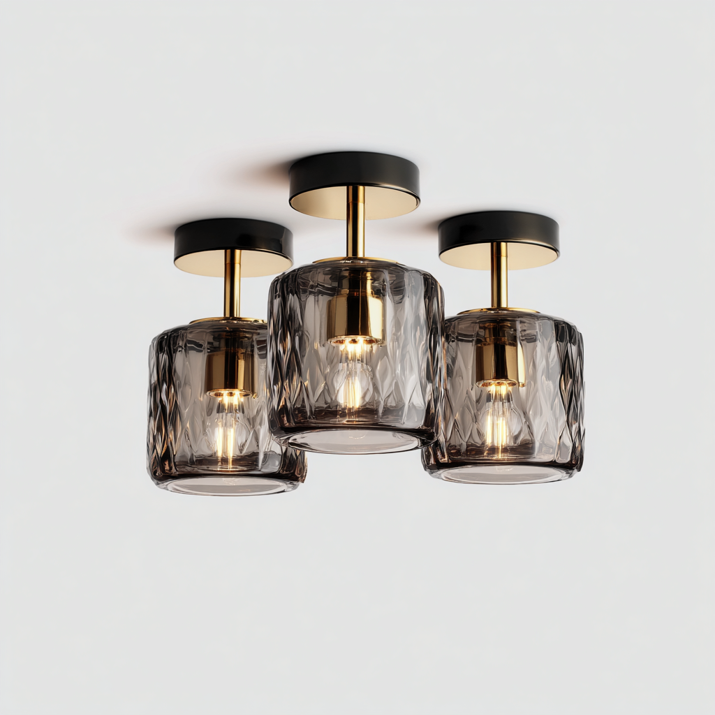 Lampada Da Soffitto In Metallo E Vetro 26x26x22 Cm - Nero E Ottone Con Vetro Fumé - Per Soggiorno - Stile Moderno-Airyene