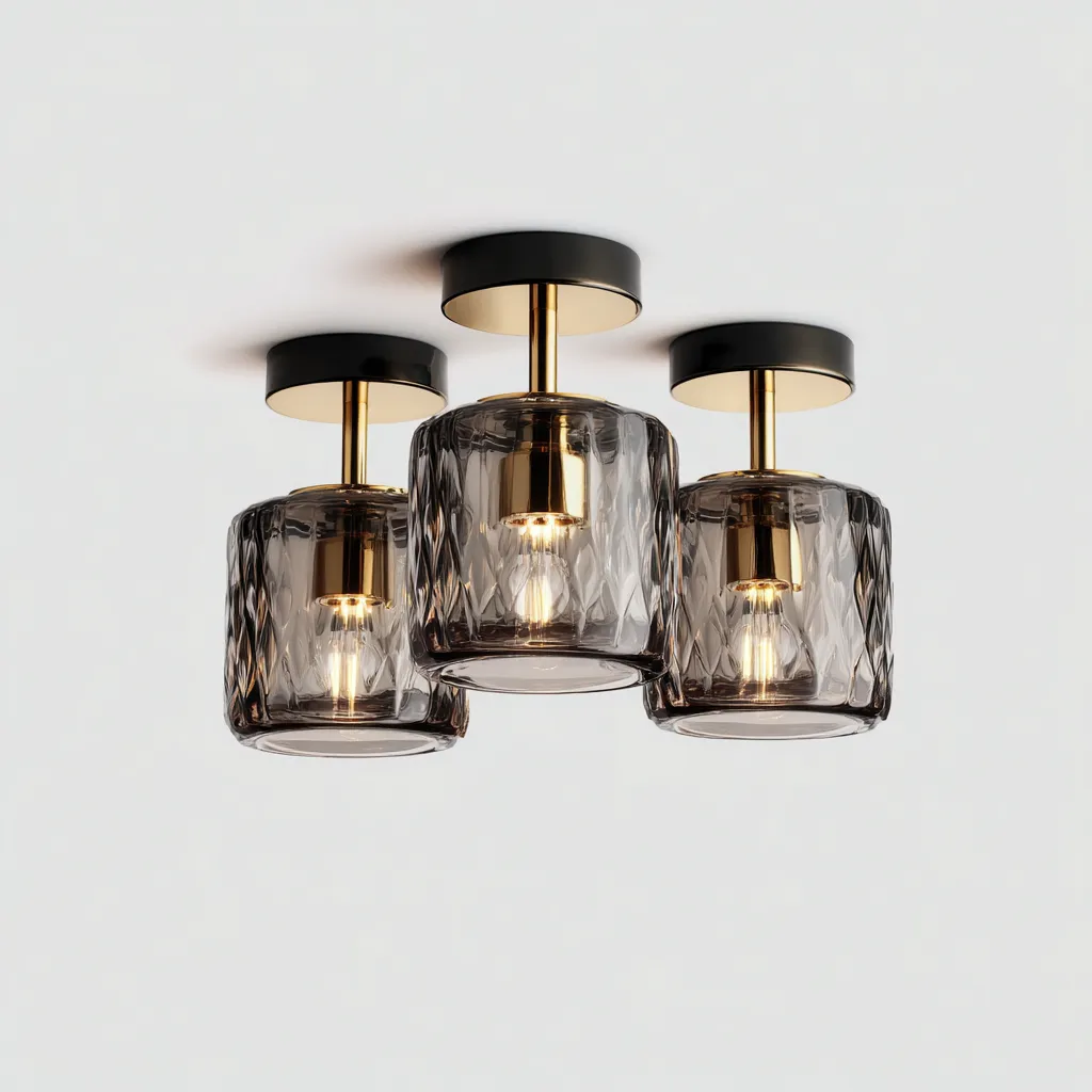 Lampada Da Soffitto In Metallo E Vetro 26x26x22 Cm - Nero E Ottone Con Vetro Fumé - Per Soggiorno - Stile Moderno-Airyene