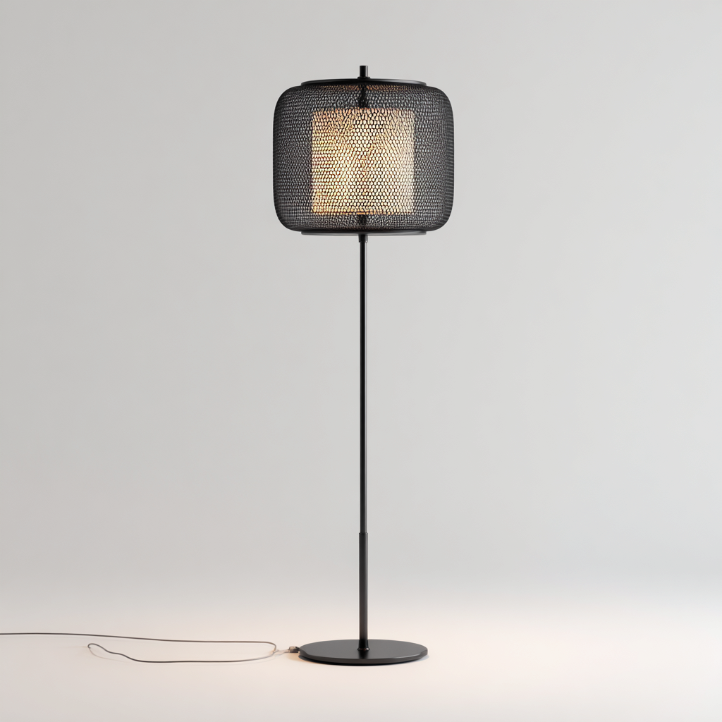 Lampada Da Terra In Metallo E Tessuto 32x32x160 Cm Nero-Beige Per Soggiorno Stile Moderno-Airyene