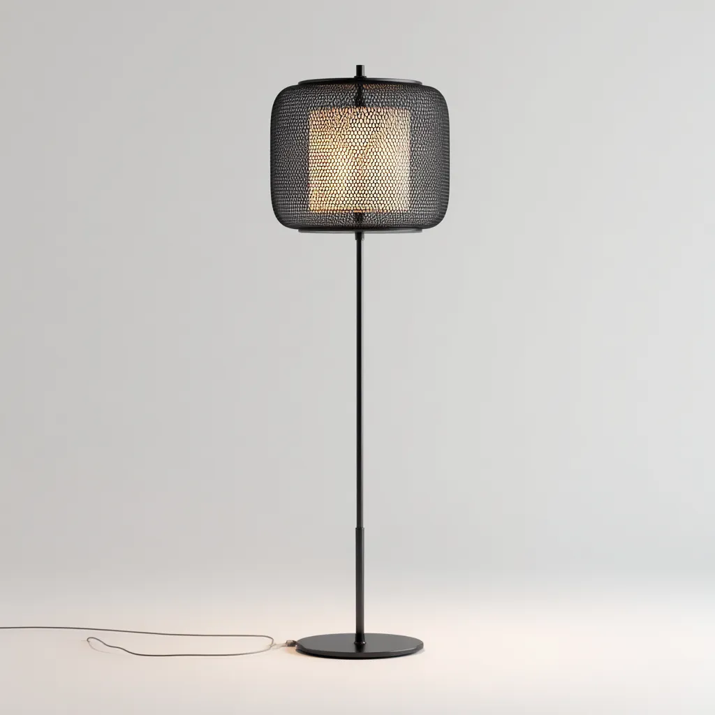 Lampada Da Terra In Metallo E Tessuto 32x32x160 Cm Nero-Beige Per Soggiorno Stile Moderno-Airyene