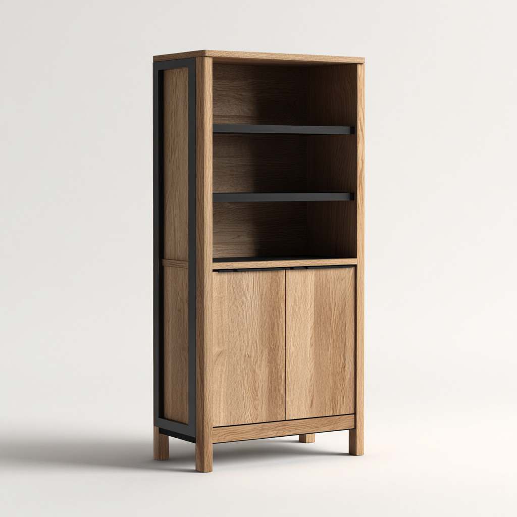 Armadietto Da Cucina Metallo-Legno 78X40X165 Cm - Legno Naturale-Nero - Con Ripiani Aperti E Ante Inferiori - Adatto Alla Cucina - Design Moderno-Airyene