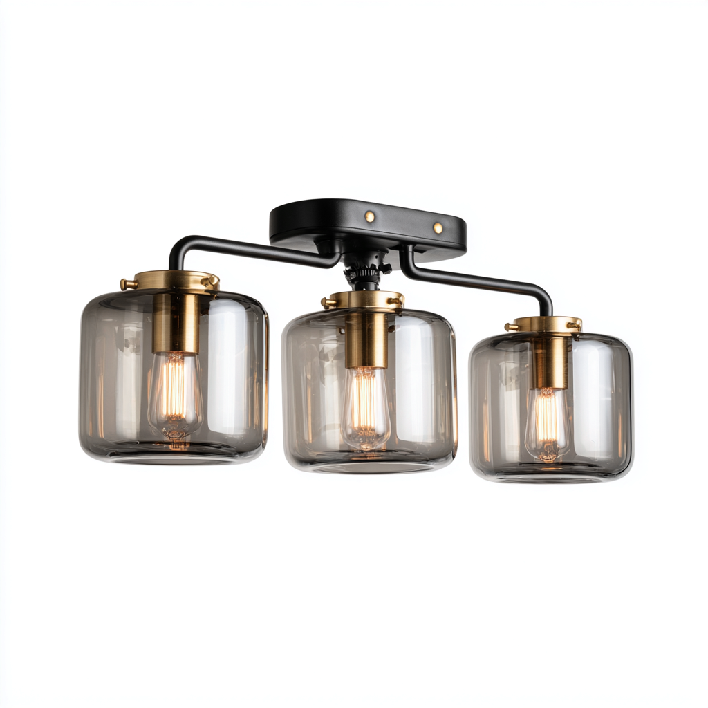 Lampada Da Soffitto Metallo Nero Vetro Fumé 55X20X22 Cm - Nero-Oro Antico - Design Industriale - Per Soggiorno-Airyene