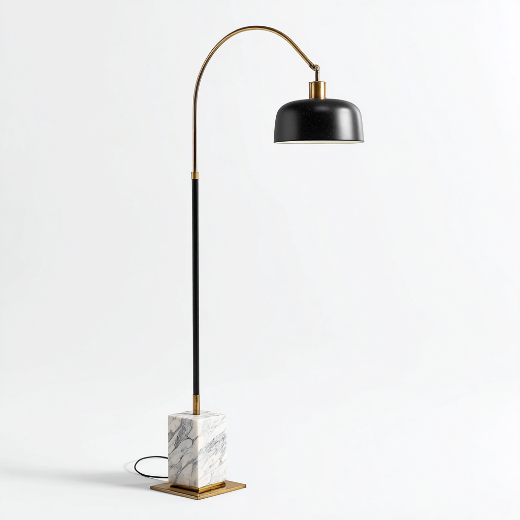 Lampada Da Terra In Metallo E Marmo 30x30x165 Cm Nero-Oro-Marmo Bianco Per Soggiorno Stile Moderno-Airyene