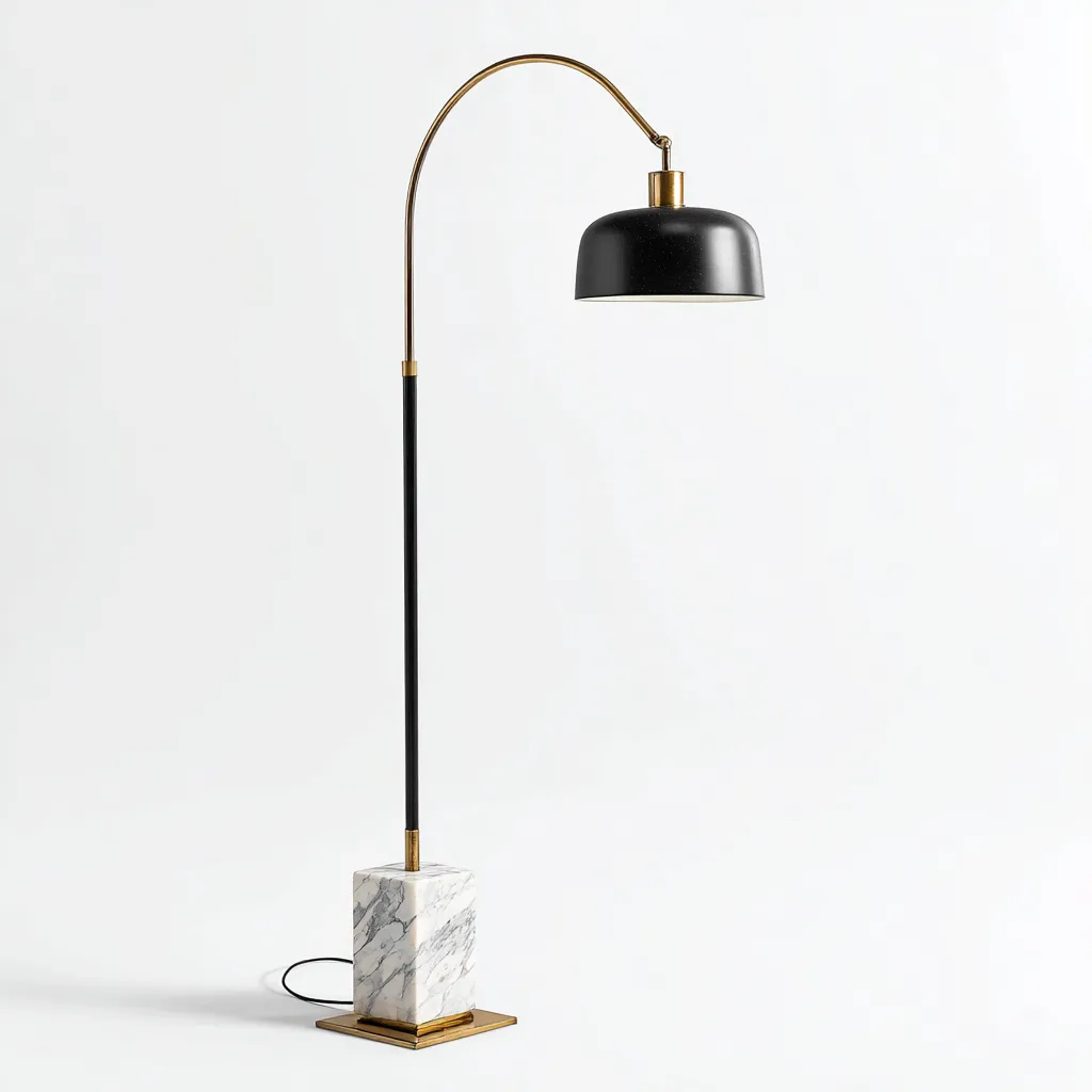 Lampada Da Terra In Metallo E Marmo 30x30x165 Cm Nero-Oro-Marmo Bianco Per Soggiorno Stile Moderno-Airyene