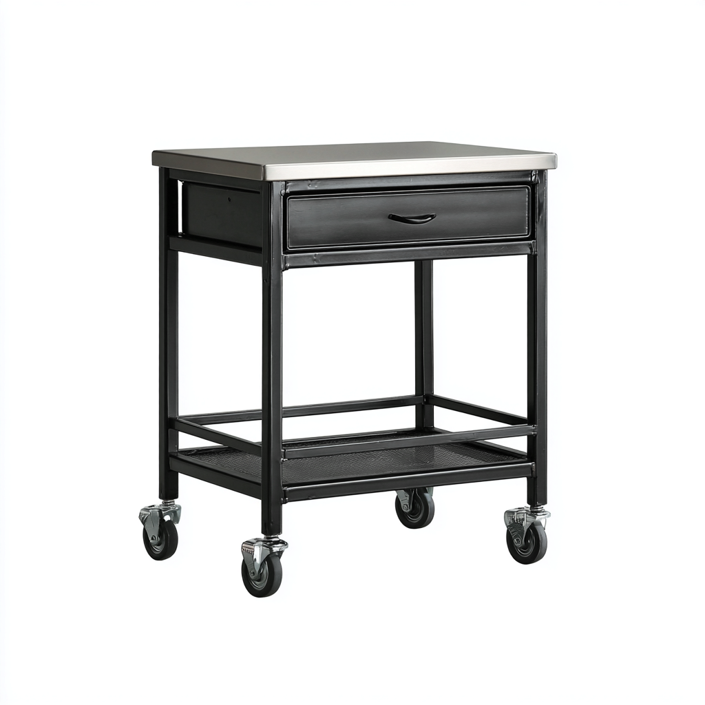Carrello Da Cucina In Metallo Con Piano In Acciaio 68x45x88 Cm - Nero E Argento - Con Cassetto E Ripiano Inferiore Per Cucina-Airyene