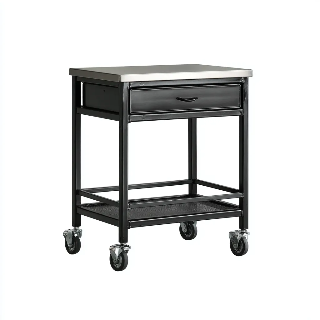 Carrello Da Cucina In Metallo Con Piano In Acciaio 68x45x88 Cm - Nero E Argento - Con Cassetto E Ripiano Inferiore Per Cucina-Airyene