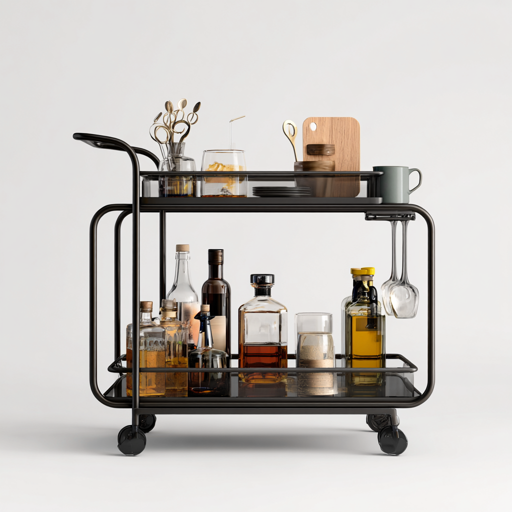 Carrello Da Cucina In Metallo E Vetro 78x40x82 Cm - Nero - Con Doppio Ripiano E Porta Bicchieri Per Cucina-Airyene