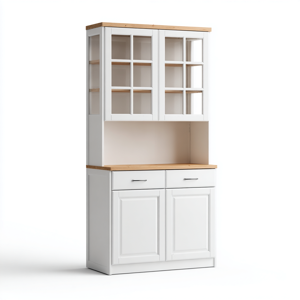 Armadietto Da Cucina Legno-Pannelli 90X45X190 Cm - Bianco-Legno Naturale - Con Pensili A Vetro E Basi Con Ante - Adatto Alla Cucina - Design Moderno-Airyene