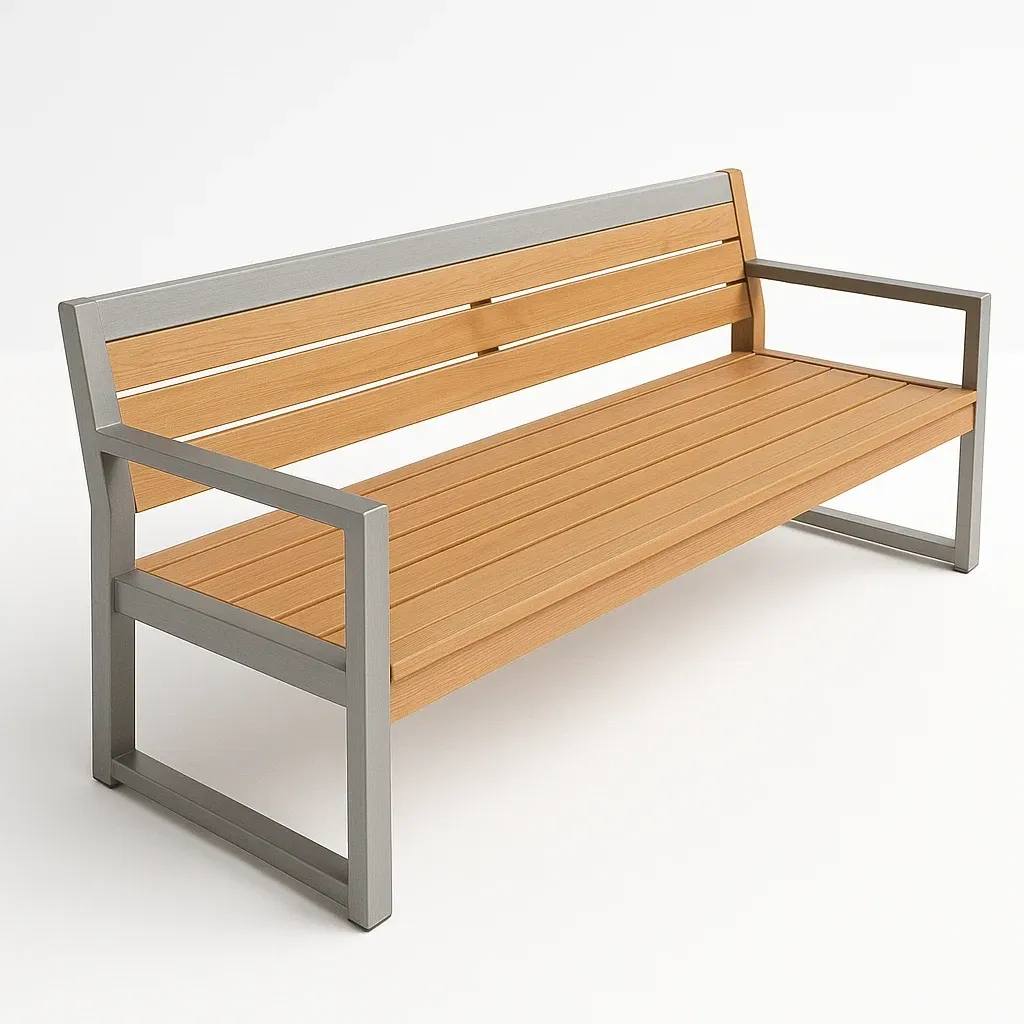 Panchina in legno e metallo con schienale e braccioli-Livinistry