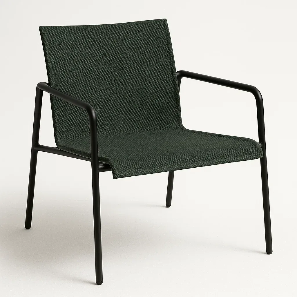 Sedia in tessuto verde scuro con braccioli in acciaio-Livinistry