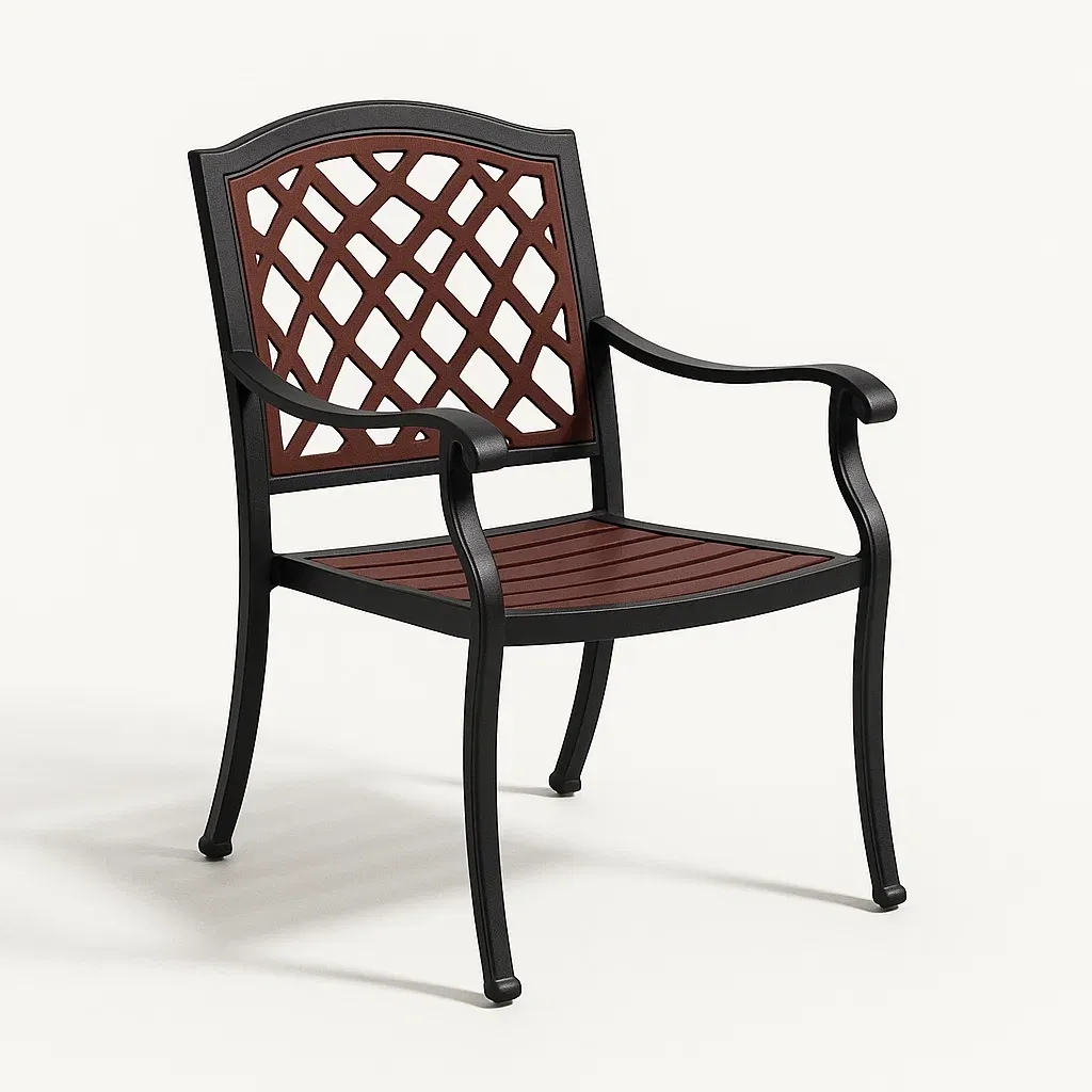 Sedia per il tempo libero in alluminio nero e legno sintetico marrone-Livinistry