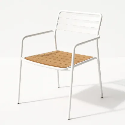 Sedia per il tempo libero in metallo bianco con seduta in legno per interni/esterni-Livinistry