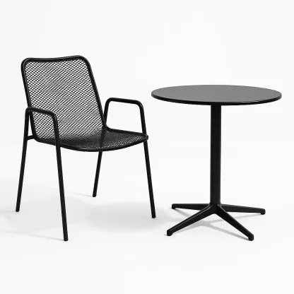 Set tavolo e sedia rotondo da esterno in metallo nero-Livinistry