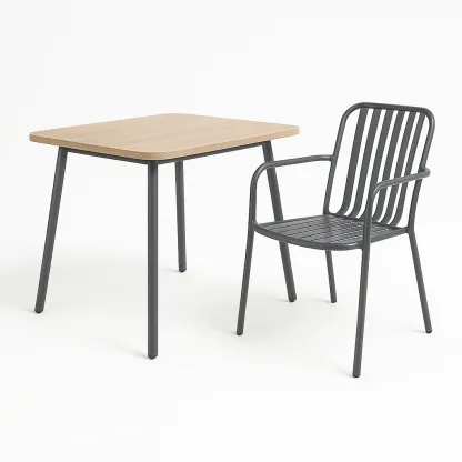 Set tavolo e sedia impilabile grigia in metallo con piano in legno-Livinistry