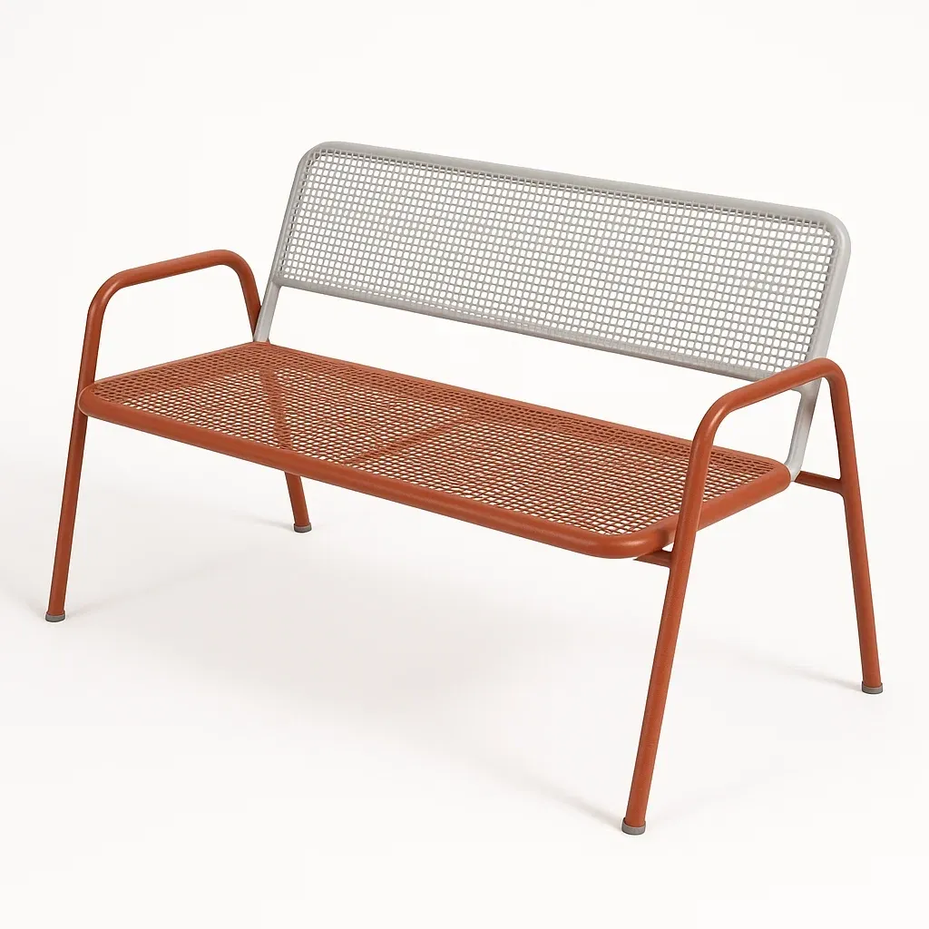 Panchina in metallo con seduta e braccioli in rete rosso mattone e schienale in rete grigio chiaro-Livinistry