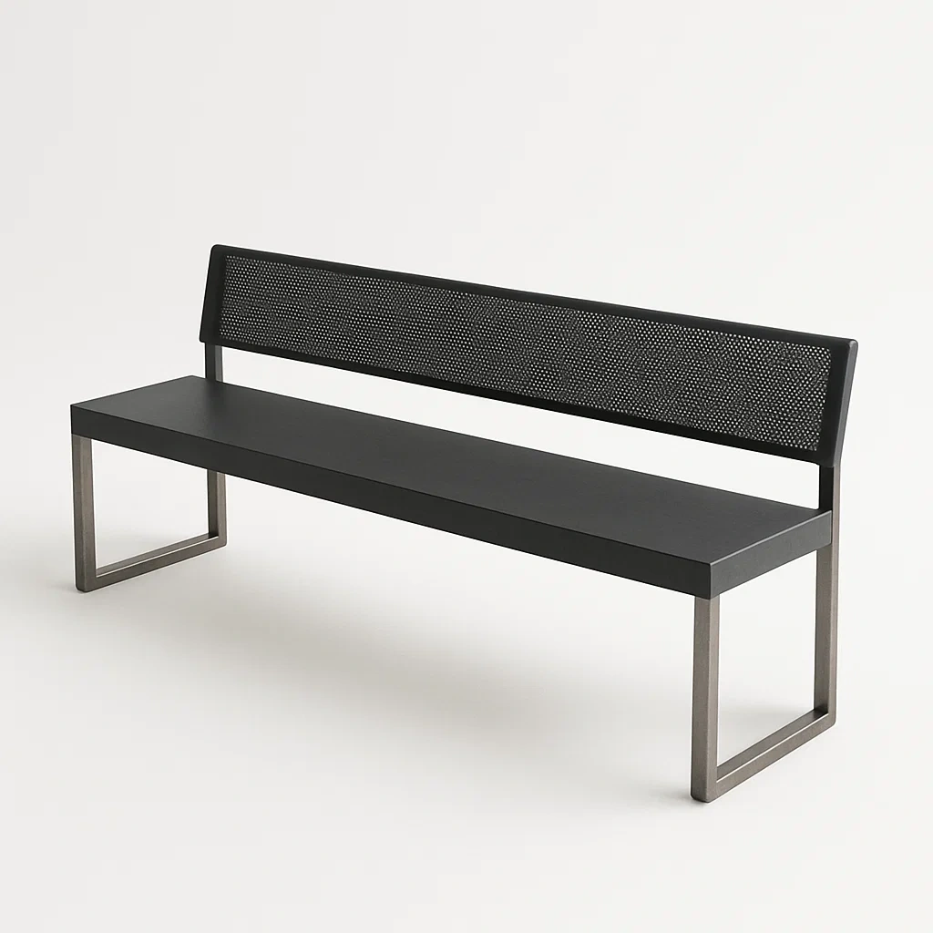 Panchina in legno e acciaio nero con schienale in metallo perforato 180×40×80 cm-Livinistry