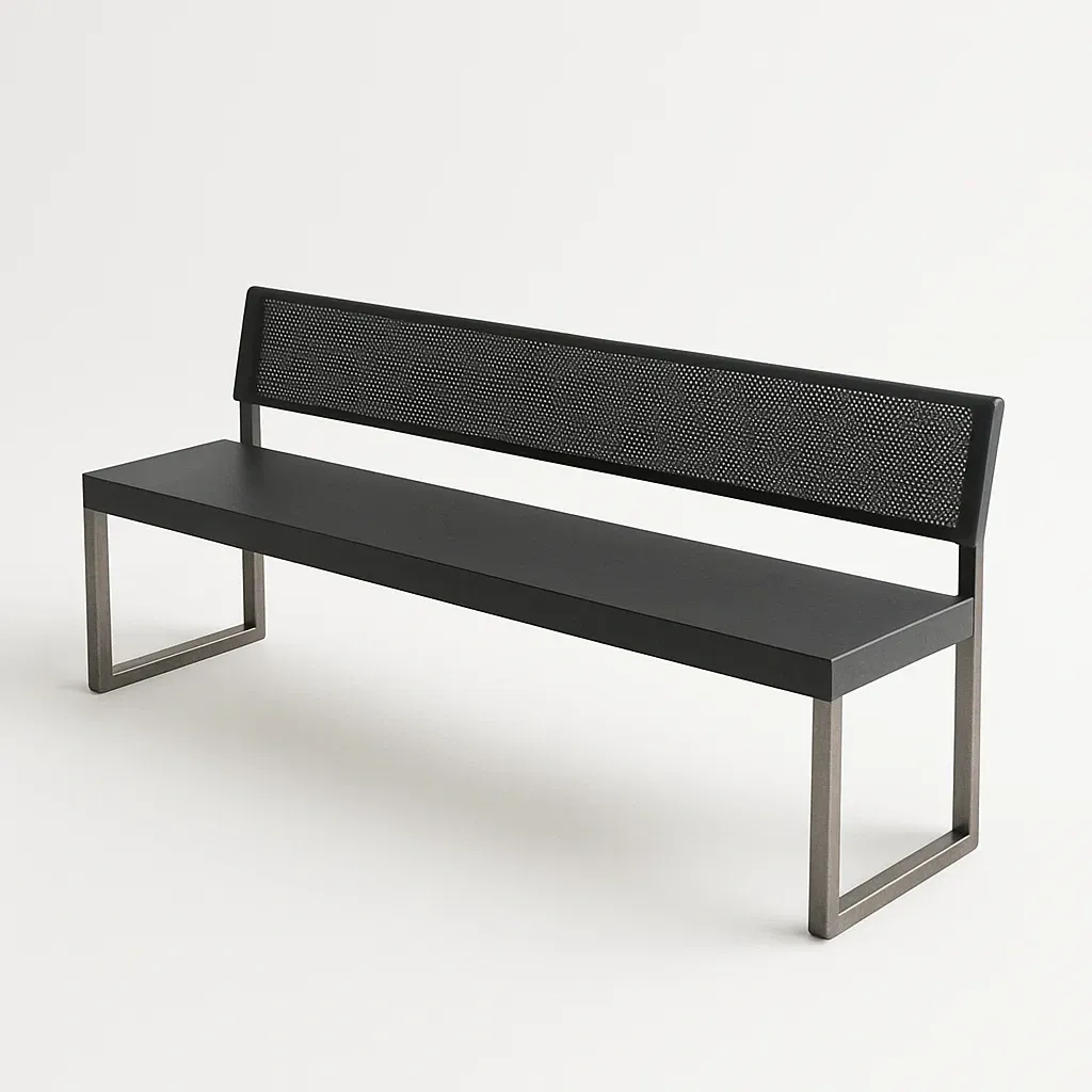 Panchina in legno e acciaio nero con schienale in metallo perforato 180×40×80 cm-Livinistry