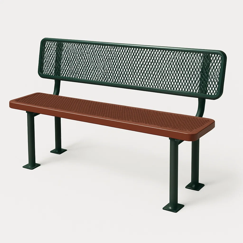Panchina in metallo verde e marrone con schienale in rete-Livinistry