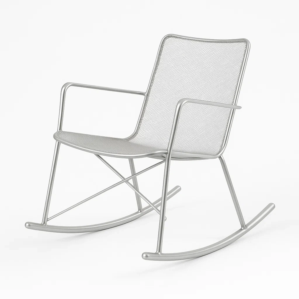 Sedia a dondolo in metallo grigio con seduta in rete metallica-Livinistry
