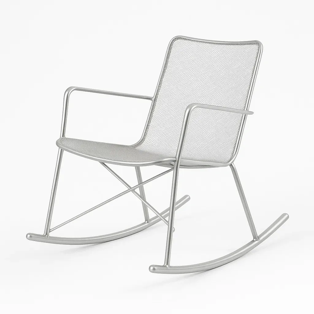 Sedia a dondolo in metallo grigio con seduta in rete metallica-Livinistry