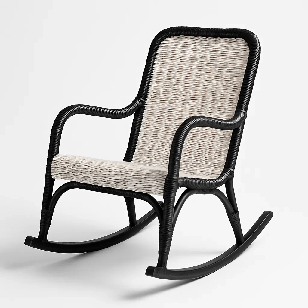 Sedia a dondolo in rattan nero e bianco con struttura in metallo-Livinistry