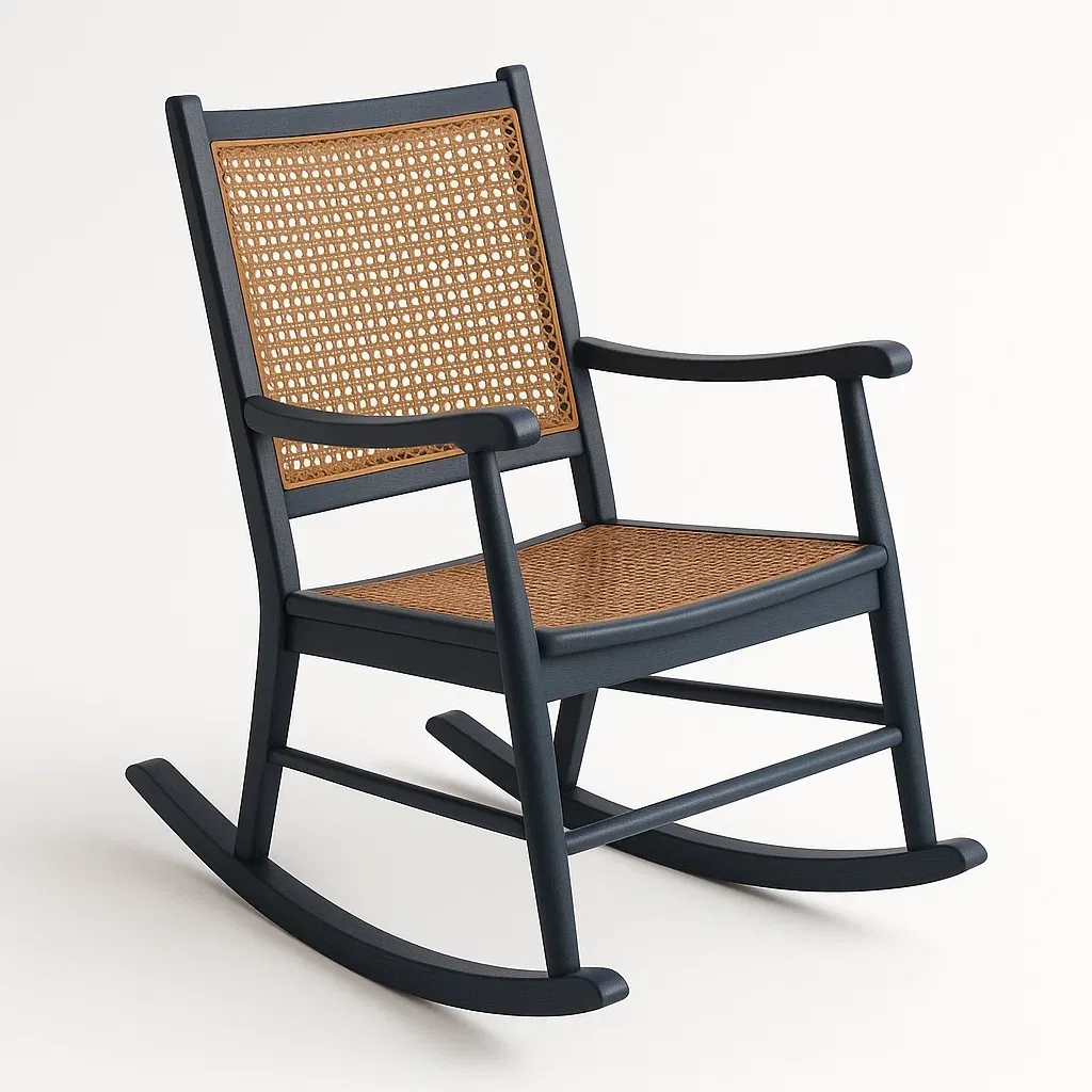 Sedia a dondolo in rattan nero/marrone con struttura in legno-Livinistry