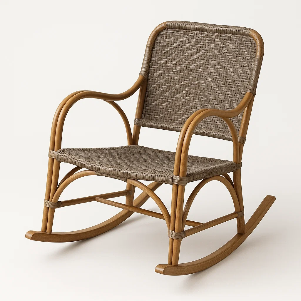 Sedia a dondolo in rattan marrone con struttura in legno-Livinistry