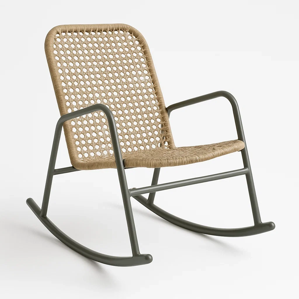 Sedia a dondolo in rattan con struttura in metallo beige e grigio-Livinistry