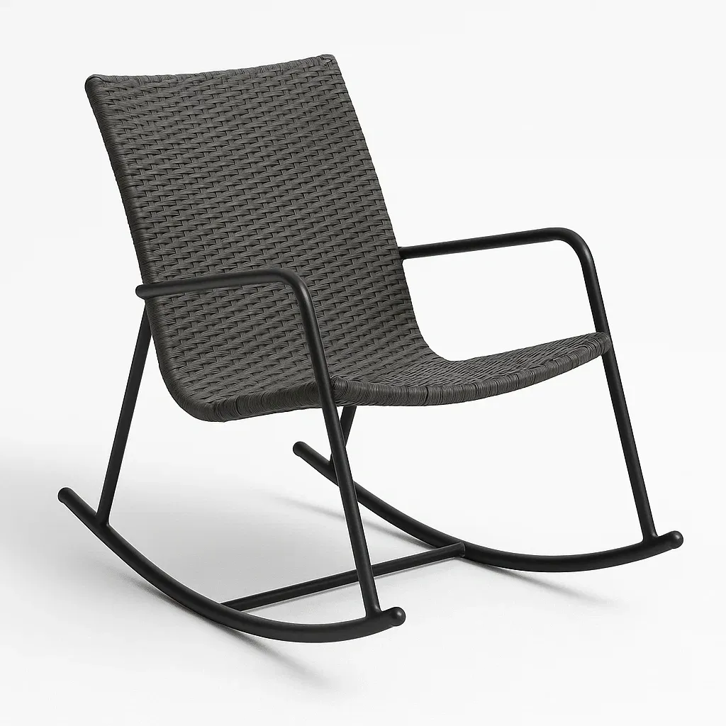 Sedia a dondolo in rattan sintetico grigio con struttura in metallo nero-Livinistry