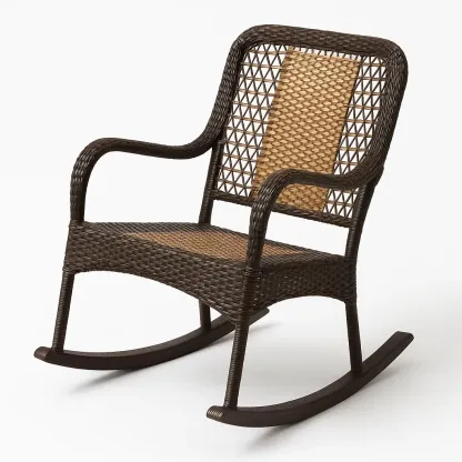 Sedia a dondolo in rattan sintetico marrone con schienale e sedile intrecciati-Livinistry