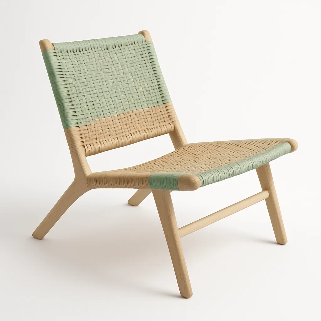 Sedia in rattan intrecciato verde e beige con struttura in legno-Livinistry