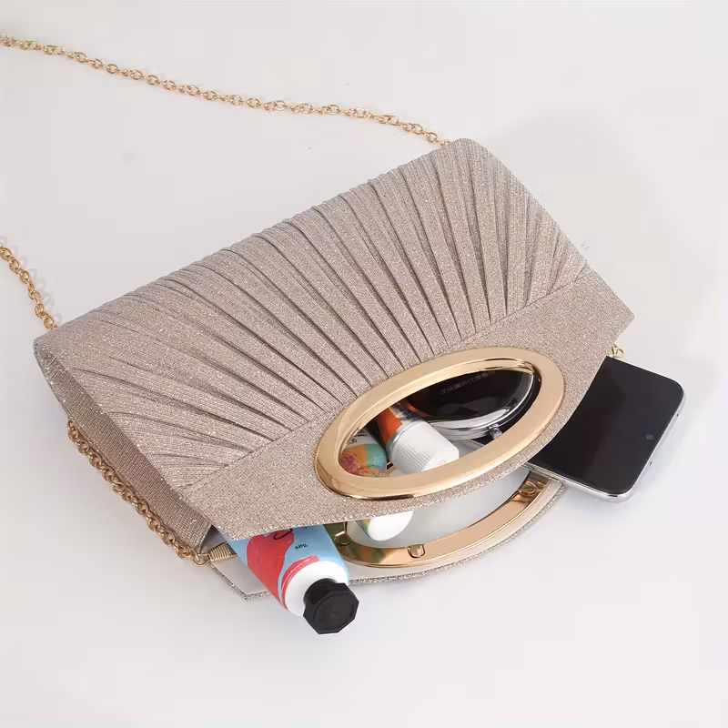 Women's Elegant Solid-Color Pleated Clutch Evening Bag Lightweight Polyester Magnetic Closure Delicate Metal Ring Handle Shimmering Single-Shoulder Crossbody Strap