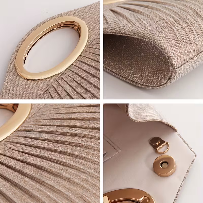Women's Elegant Solid-Color Pleated Clutch Evening Bag Lightweight Polyester Magnetic Closure Delicate Metal Ring Handle Shimmering Single-Shoulder Crossbody Strap