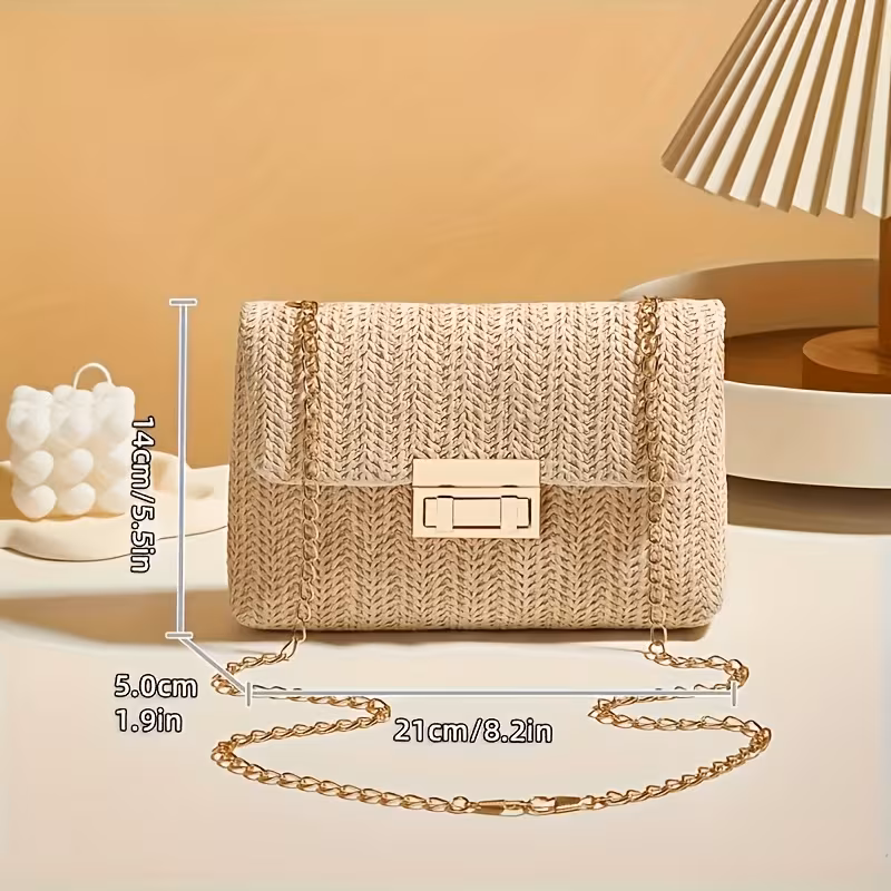 Elegant Woven Straw Shoulder Bag | Golden Chain Shoulder Strap, Detachable Crossbody, Lining, And Khaki Colors, Kiss Lock Closure, Perfect Women'S Gift for Evenings And Office