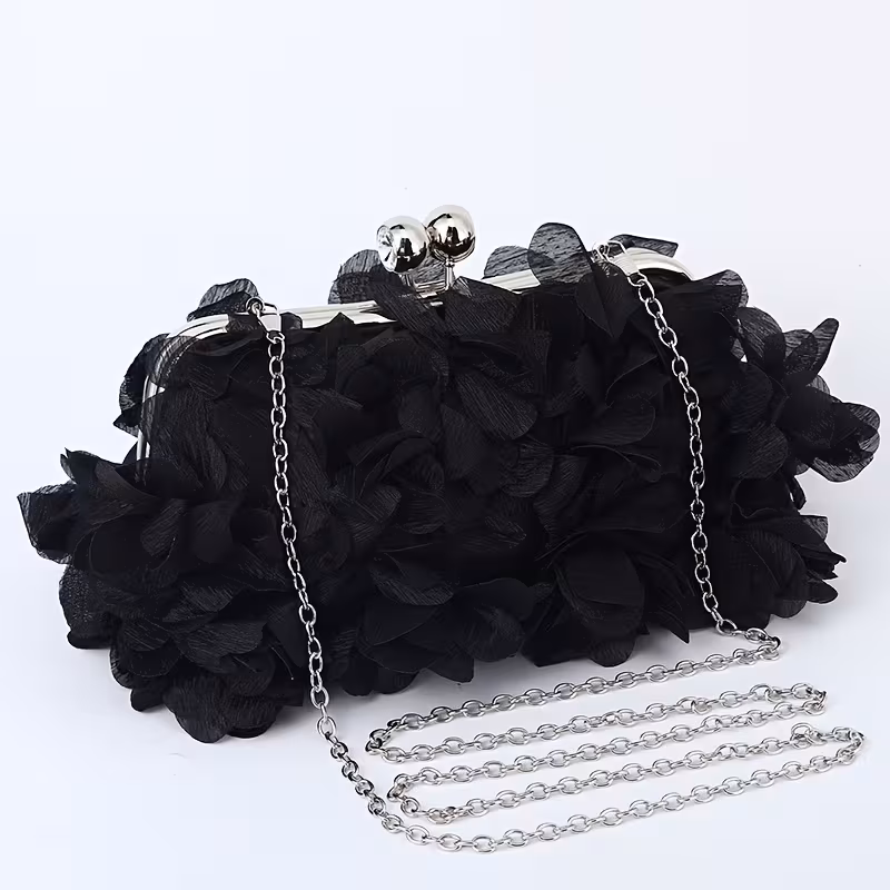 Elegant Floral Petal Evening Clutch with Detachable Chain Strap - Fashion Polyester Handbag for Weddings, Parties & Special Occasions - Available in Apricot, Pink, White, Purple, Blue, Black